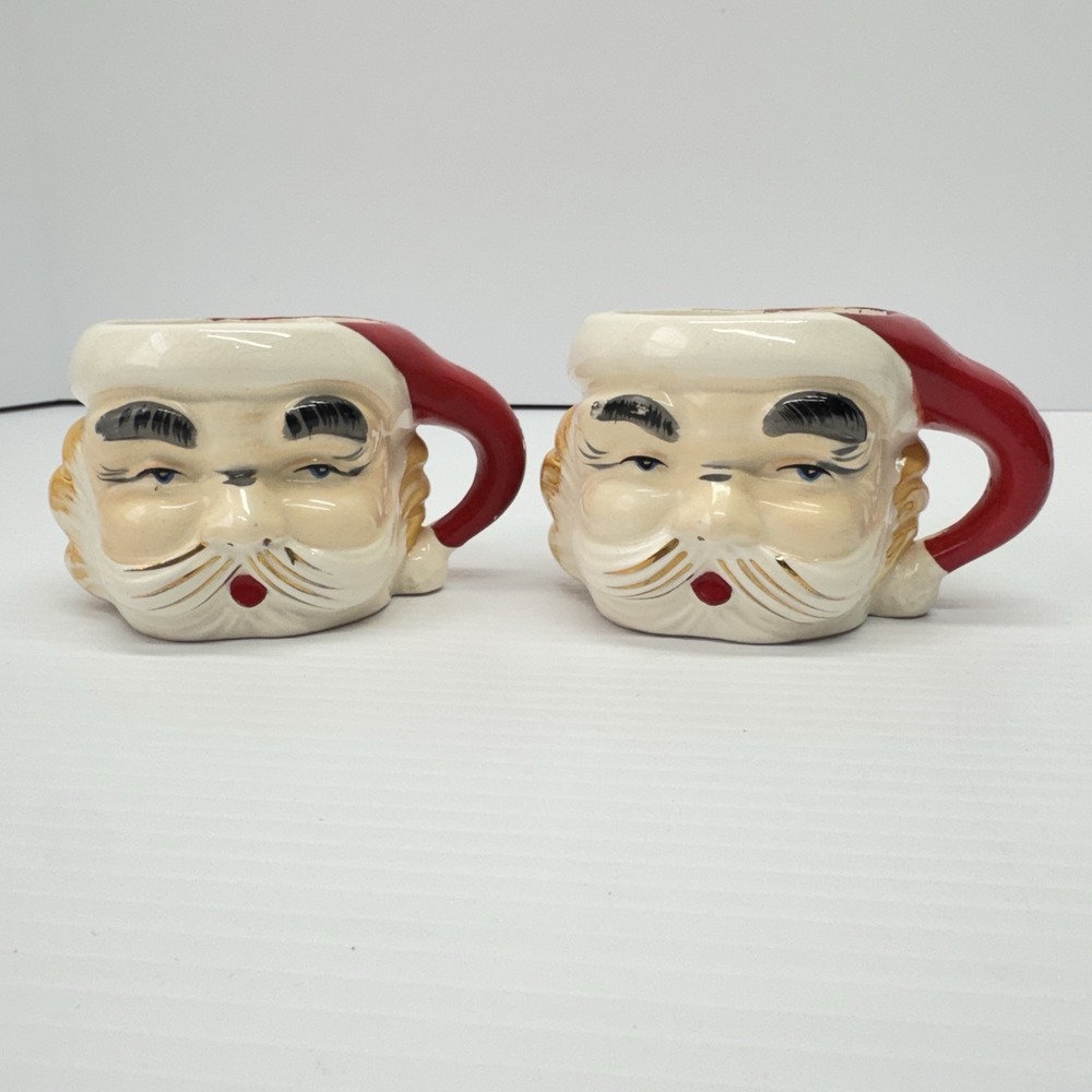 2 Vtg Japan MCM Christmas Santa Claus Ceramic Mug Cup NIKONIKO EW Imports Set